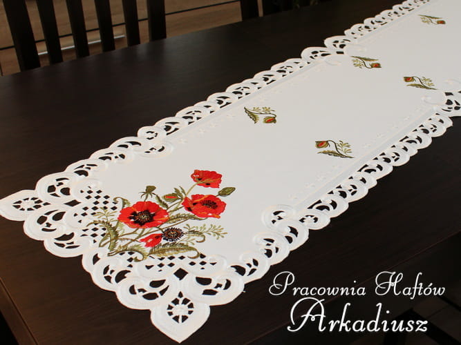 Bieżnik haftowany "Maki" 40x160 białe