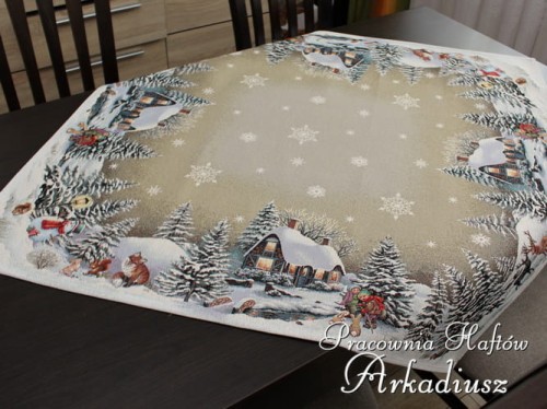 Serweta świąteczna gobelin "Zimowy domek" 98x98