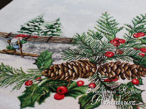 Gobeliny świąteczne bieżniki „Krasnale na nartach”