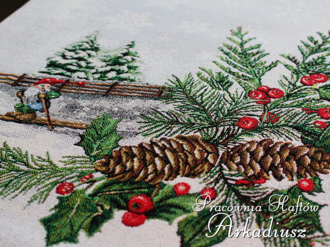 Gobeliny świąteczne bieżniki „Krasnale na nartach”