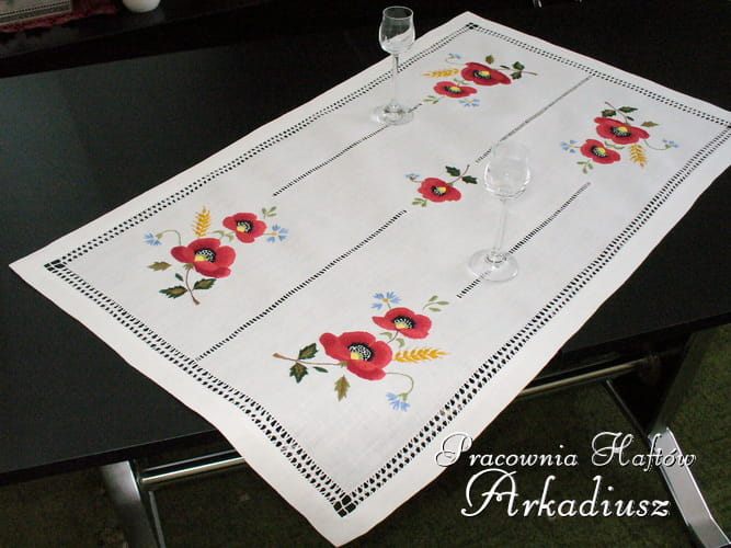 Bieżnik haftowany ręcznie "Maki z kłosem" 49x83