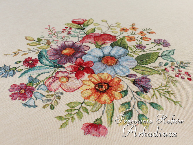 struktura tkaniny gobelinowej obrus folk kwiaty
