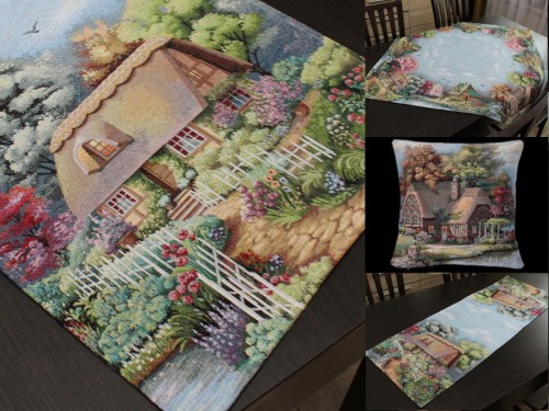 Gobelin Domek z werandą – serweta 98x98, bieżniki 38x100 i 42x140 oraz poszewka