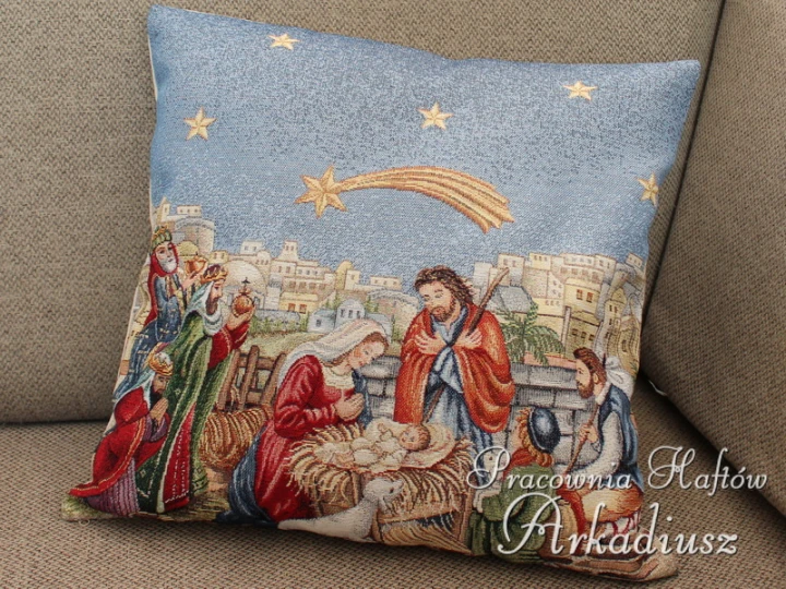 Poszewka gobelinowa Święta Rodzina 45x45 cm z jednostronnym wzorem religijnym i złotymi akcentami